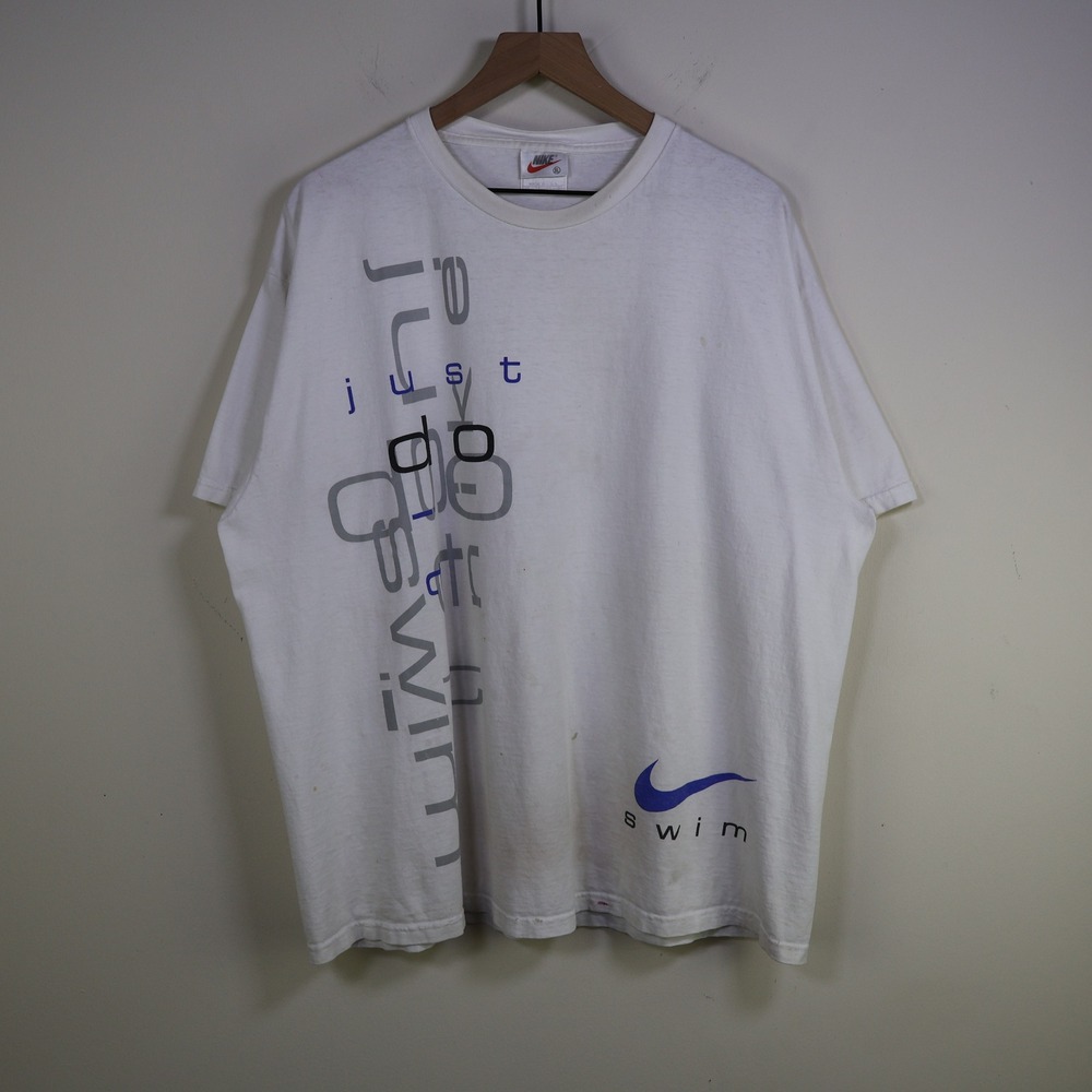 Vintage 90s Nike Swim Graphic Tee Size XL White USA Made Just Do It Swoosh Retro